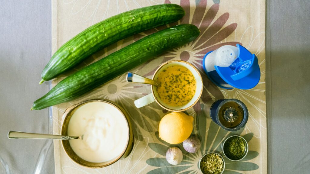 a table with food and a spoon